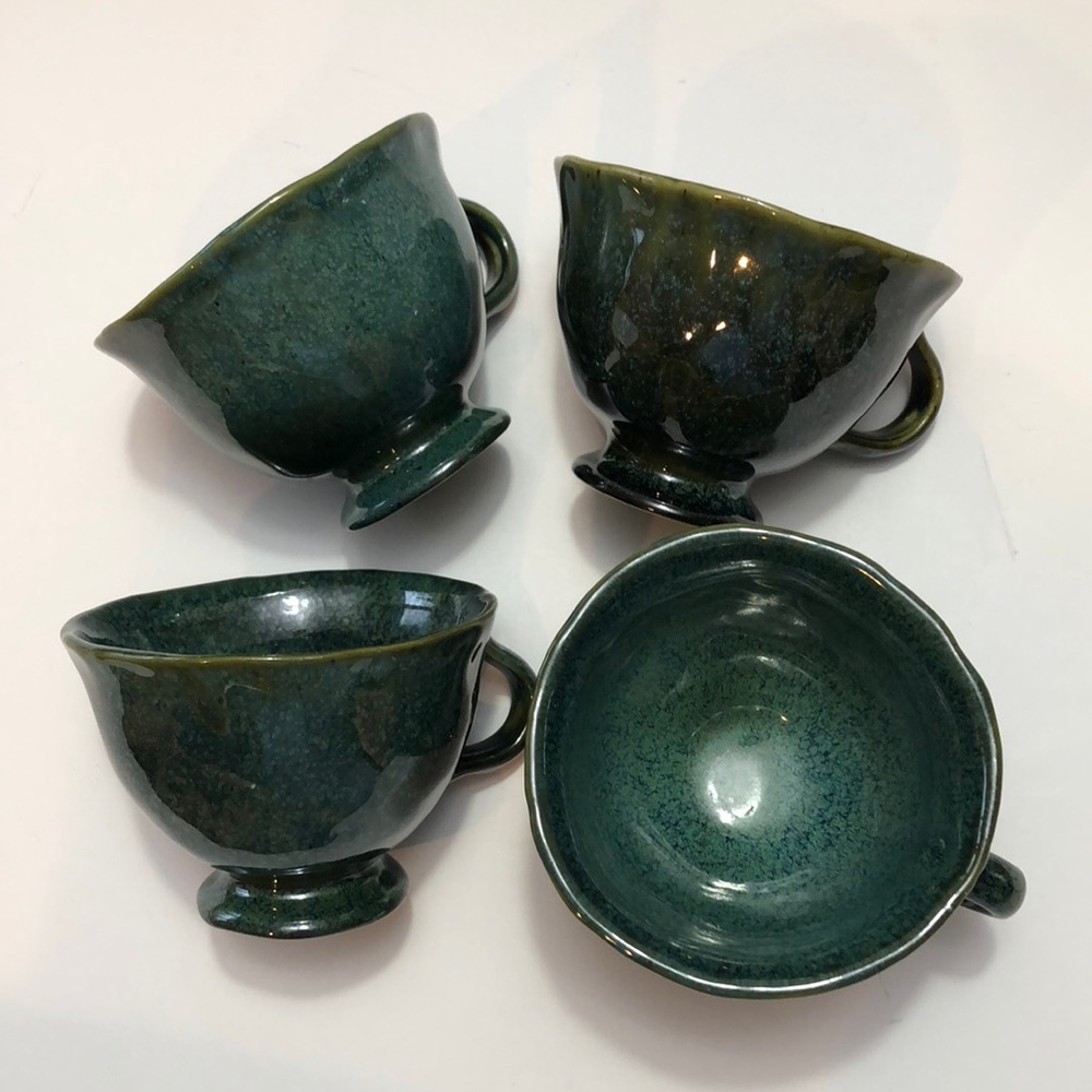 Set Of Four Non-Symmetrical Blue Green Glazed Pedestal Coffee Tea Cups